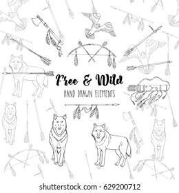 Background with American Indian Elements. Hand drawn sketches. Vector Illustration