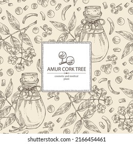 Background with amur cork tree: berries, plant, amur cork tree bark and bottle of amur cork tree oil. Phellodendron amurense.  Cosmetic, perfumery and medical plant. svg