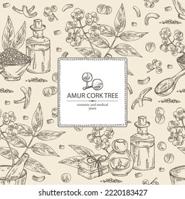 Background with  amur cork tree: amur cork berries, plant and amur cork tree bark. Phellodendron amurense. Oil, soap and bath salt . Cosmetics and medical plant. Vector hand drawn illustrat svg