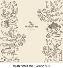 Background with  amur cork tree: amur cork berries, plant and amur cork tree bark. Phellodendron amurense. Oil, soap and bath salt . Cosmetics and medical plant. Vector hand drawn illustrat svg
