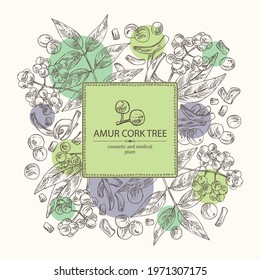 Background with amur cork tree:  plant and amur cork tree bark. Phellodendron amurense. Cosmetic and medical plant. Vector hand drawn illustration