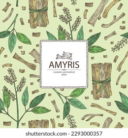 Background with amyris: amyris plant, leaves and amyris wood. Cosmetic, perfumery and medical plant. Vector hand drawn illustration