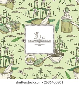 Background with andrographis paniculata: andrographis paniculata plant, leaves and andrographis paniculata flowers. Oil, soap and bath salt . Cosmetics and medical plant. Vector hand drawn