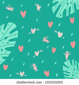 Background with angels and hearts. Vector pattern with hearts and wings. Pattern with angels and plants. Turquoise romantic pattern.