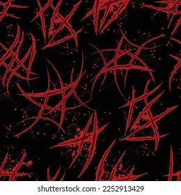 Fondo con rasguños de garra animal. Monstruo afilado. Papel rojo sangriento de la herida con salpicaduras y manchas