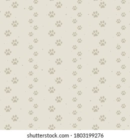 Background of animal paws. Cat or dog footprints on beige background. Vector seamless pattern.