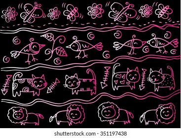  Background with animals. Cute  lions, birds, flowers, butterflies and cats in cartoon style.