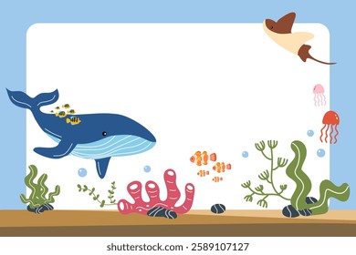 A background of animals under the sea includes a whale, jellyfish, coral reefs, and a stingray.