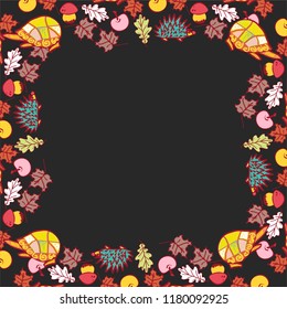 background with animals-hedgehogs, turtles, and colorful leaves