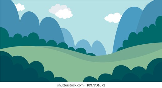 The Background For The Animation. Mountains, Clouds, Bushes, Forest. Simple Background, Environment. Blue Tint. Sky With Clouds. Bright Day.