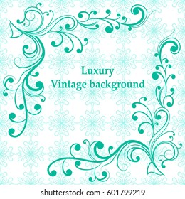 Background with antique, luxury green-blue ornament and vintage frame