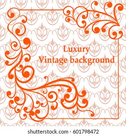 Background with antique, luxury orange ornament and vintage frame