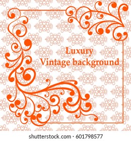 Background with antique, luxury orange ornament and vintage frame