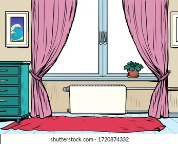 Background Apartment Interior, Room With Window. Pop Art Retro Vector Illustration Kitsch Vintage 50s 60s Style