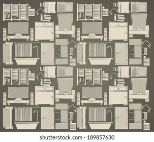 Background for apartment. Pattern with gray icons for apartment on dark gray background.