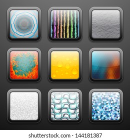 Background for the app icons, with set retro pattern texture, polka dot, stripes, chess, grunge blots, spiral, honeycomb, vector illustration