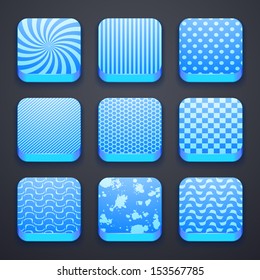 Background for the app icons, with set retro pattern texture, polka dot, stripes, chess, grunge blots, spiral, honeycomb, vector illustration