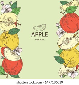 Background with apples: fruit, leaves and apple slice. Vector hand drawn illustration.