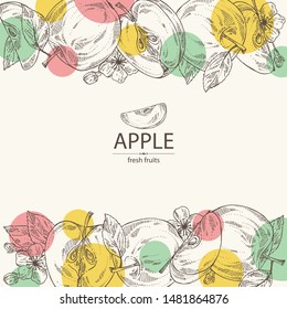 Background with apples: fruit, leaves and apple slice. Vector hand drawn illustration.