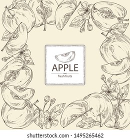 Background with apples: fruit, leaves and apple slice. Vector hand drawn illustration.