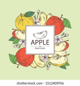 Background with apples: fruit, leaves and apple slice. Vector hand drawn illustration.