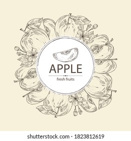 Background with apples: fruit, leaves and apple slice. Vector hand drawn illustration.