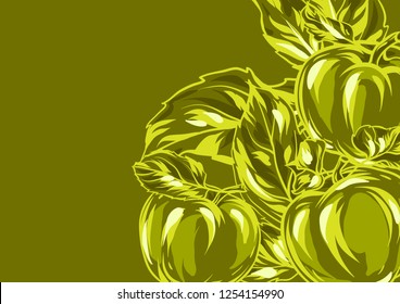 Background with apples and leaves. Stylized hand drawn fruits.