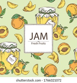 Background with apricot and jar of jam with apricot. Vector hand drawn illustration