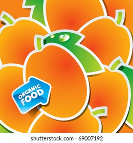 Background from apricots with an arrow by organic food. Vector illustration.
