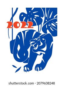 Background with an aquatic tiger. Graphic blue banner, postcard, calendar, Happy New Year greetings. Chinese New Year 2022, a vector poster with the animal.