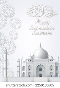 Background with arabic white pattern, traditional eastern ornament and Taj Mahal Mosque, EPS 10 contains transparency.