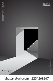 Background of architectural minimalism. Vector illustration of an open door with a fragment of a staircase. Sketch for creativity.