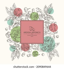 Background with ardisia japonica: leaves, ardisia japonicaberries and ardisia plant. Oregano. Herbs and spices. Cosmetic, perfumery and medical plant. Vector hand drawn illustration.