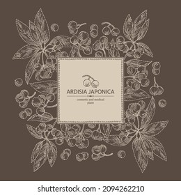 Background with ardisia japonica: leaves, ardisia japonicaberries and ardisia plant. Oregano. Herbs and spices. Cosmetic, perfumery and medical plant. Vector hand drawn illustration.