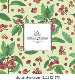 Background with ardisia japonica: leaves, ardisia japonicaberries and ardisia plant. Oregano. Herbs and spices. Cosmetic, perfumery and medical plant. Vector hand drawn illustration.