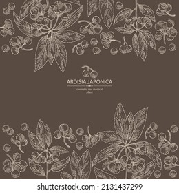 Background with ardisia japonica: leaves, ardisia japonicaberries and ardisia plant. Oregano. Herbs and spices. Cosmetic, perfumery and medical plant. Vector hand drawn illustration.