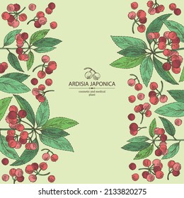 Background with ardisia japonica: leaves, ardisia japonicaberries and ardisia plant. Oregano. Herbs and spices. Cosmetic, perfumery and medical plant. Vector hand drawn illustration.