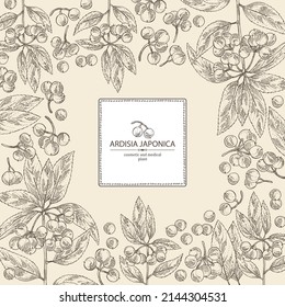 Background with ardisia japonica: leaves, ardisia japonicaberries and ardisia plant. Oregano. Herbs and spices. Cosmetic, perfumery and medical plant. Vector hand drawn illustration.