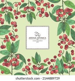 Background with ardisia japonica: leaves, ardisia japonicaberries and ardisia plant. Oregano. Herbs and spices. Cosmetic, perfumery and medical plant. Vector hand drawn illustration.