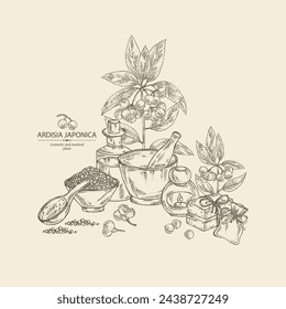 Background with ardisia japonica: leaves, ardisia japonicaberries and ardisia plant.  Oil, soap and bath salt . Cosmetics and medical plant. Vector hand drawn illustration