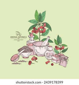 Background with ardisia japonica: leaves, ardisia japonicaberries and ardisia plant.  Oil, soap and bath salt . Cosmetics and medical plant. Vector hand drawn illustration