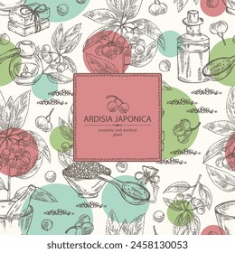 Background with ardisia japonica: leaves, ardisia japonicaberries and ardisia plant.  Oil, soap and bath salt . Cosmetics and medical plant. Vector hand drawn illustration