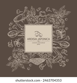 Background with ardisia japonica: leaves, ardisia japonicaberries and ardisia plant.  Oil, soap and bath salt . Cosmetics and medical plant. Vector hand drawn illustration