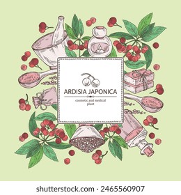 Background with ardisia japonica: leaves, ardisia japonicaberries and ardisia plant.  Oil, soap and bath salt . Cosmetics and medical plant. Vector hand drawn illustration