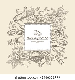 Background with ardisia japonica: leaves, ardisia japonicaberries and ardisia plant.  Oil, soap and bath salt . Cosmetics and medical plant. Vector hand drawn illustration