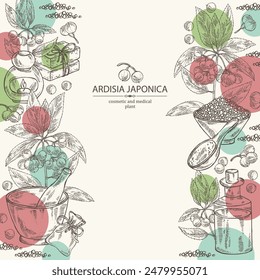 Background with ardisia japonica: leaves, ardisia japonicaberries and ardisia plant.  Oil, soap and bath salt . Cosmetics and medical plant. Vector hand drawn illustration