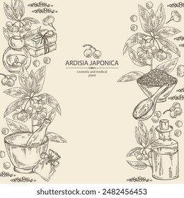 Background with ardisia japonica: leaves, ardisia japonicaberries and ardisia plant.  Oil, soap and bath salt . Cosmetics and medical plant. Vector hand drawn illustration