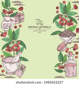 Background with ardisia japonica: leaves, ardisia japonicaberries and ardisia plant.  Oil, soap and bath salt . Cosmetics and medical plant. Vector hand drawn illustration