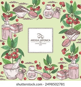 Background with ardisia japonica: leaves, ardisia japonicaberries and ardisia plant.  Oil, soap and bath salt . Cosmetics and medical plant. Vector hand drawn illustration