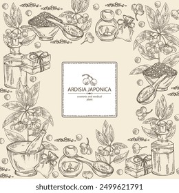 Background with ardisia japonica: leaves, ardisia japonicaberries and ardisia plant.  Oil, soap and bath salt . Cosmetics and medical plant. Vector hand drawn illustration